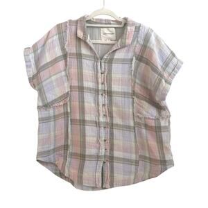 Lucky Brand Pastel Plaid Short Sleeve Collar Button Down Raw Hem Edges Top